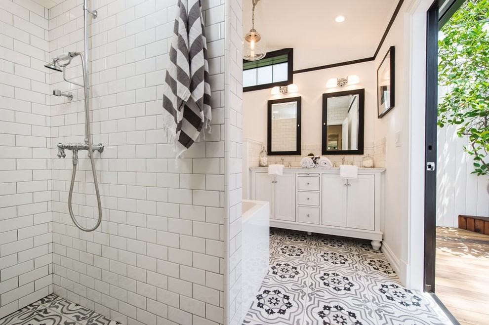Design ideas for a traditional bathroom in Los Angeles with white cabinets, an open shower, subway tile, white walls and an open shower.