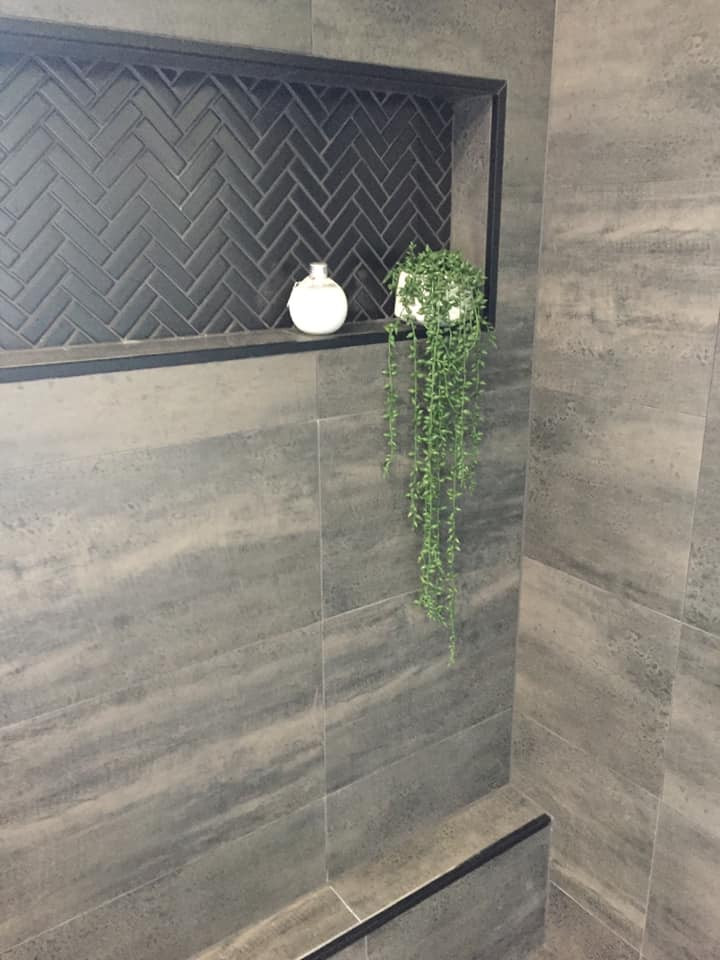 Modern bathroom with flat-panel cabinets, white cabinets, an open shower, gray tile, a vessel sink, wood benchtops, a single vanity and a freestanding vanity.