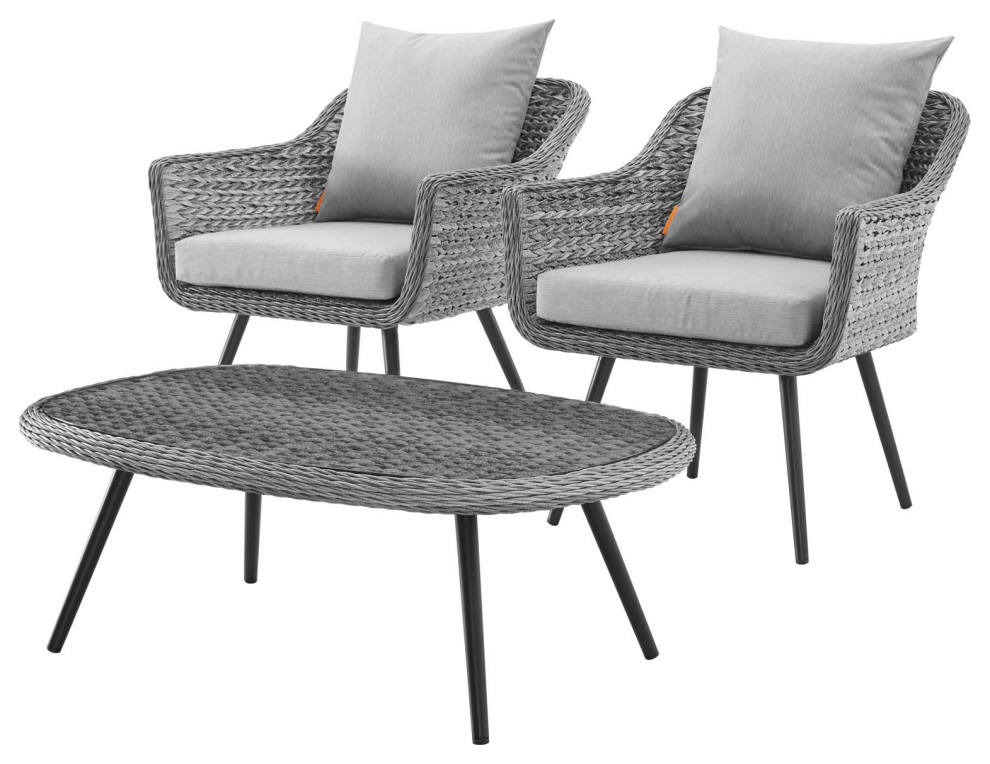 Modern Outdoor Chair and Coffee Table Set, Aluminum Fabric Wicker