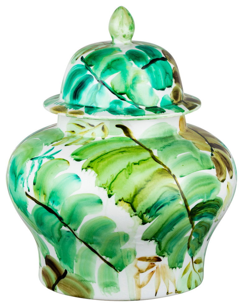 Leaves Lidded Decorative Urn Jar, 12"x14" Green