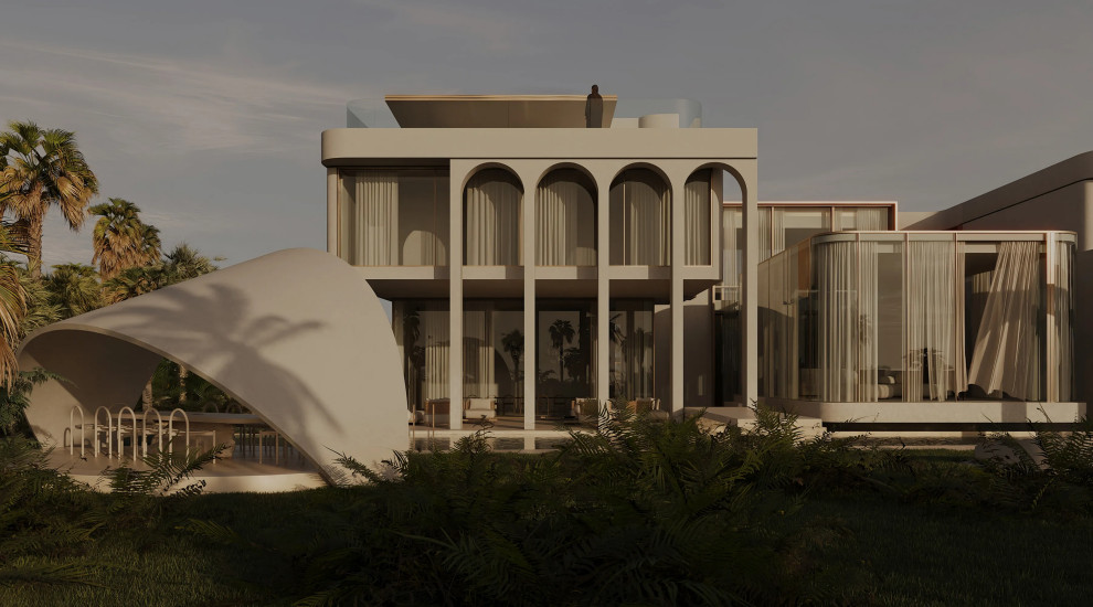 Idee per la villa ampia beige moderna a due piani