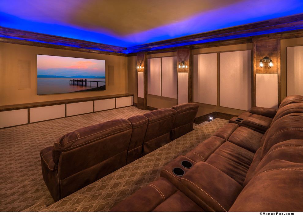 Inspiration for a large country enclosed home theatre in Other with yellow walls, carpet and a wall-mounted tv.