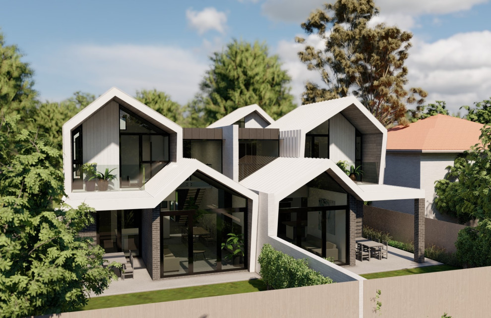 Diseño de fachada de casa bifamiliar blanca y blanca moderna grande de dos plantas con revestimiento de metal, tejado a dos aguas y tejado de metal
