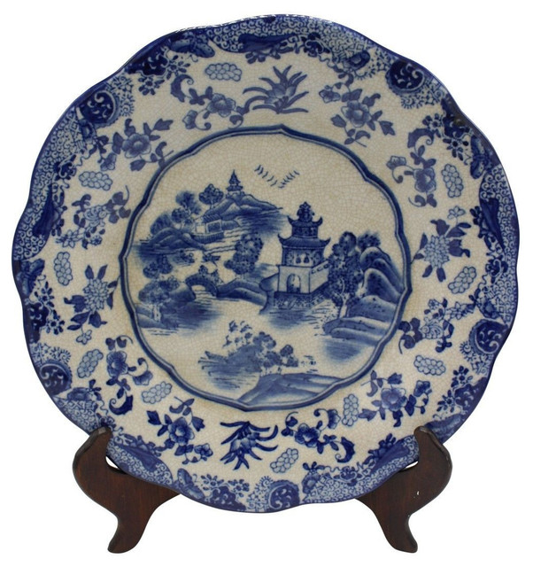 Blue and White Blue Willow Pattern Round Porcelain Plate 12" Asian