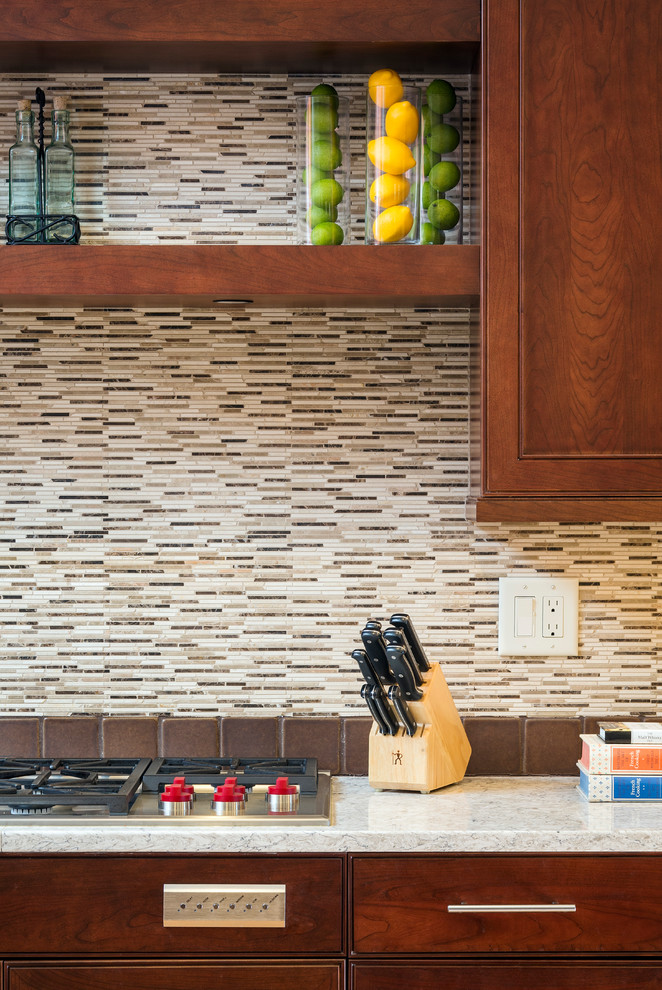 Large transitional l-shaped light wood floor and beige floor eat-in kitchen photo in Atlanta with an undermount sink, stainless steel appliances, an island, shaker cabinets, medium tone wood cabinets, granite countertops, gray backsplash and matchstick tile backsplash