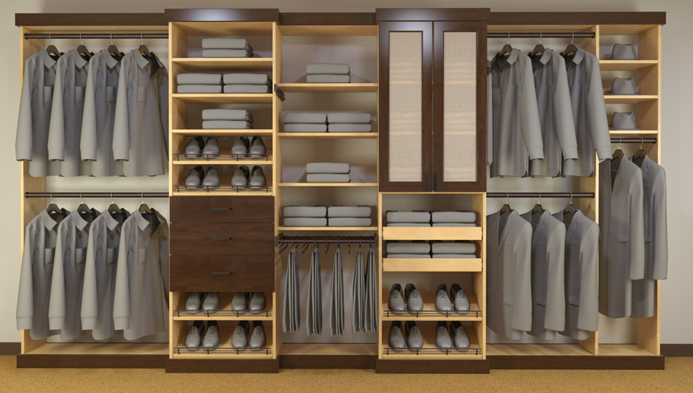 Design ideas for a large modern built-in wardrobe in Los Angeles with flat-panel cabinets and dark wood cabinets.