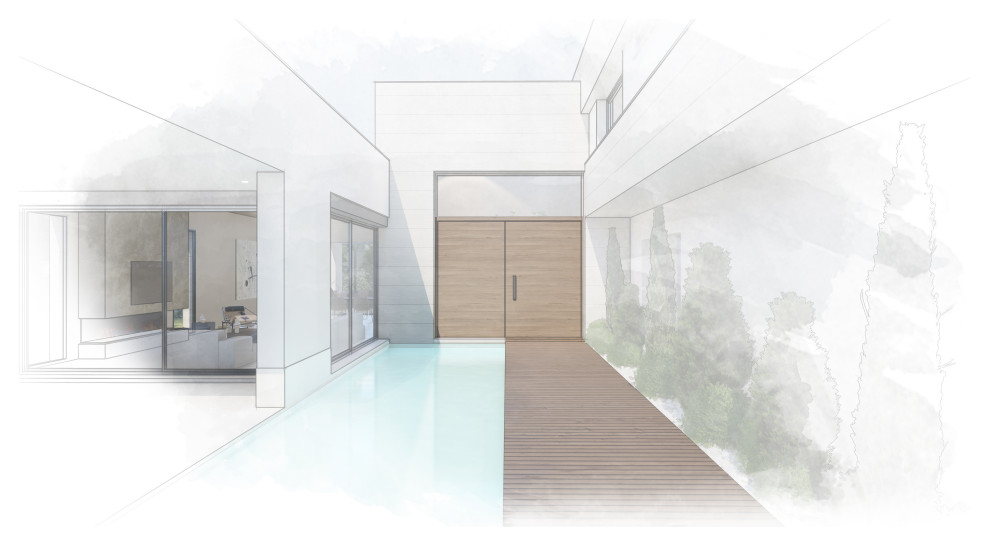 Imagen de fachada de casa minimalista grande con tejado plano