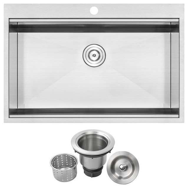 33" Zero Radius Drop-In 16G Stainless Steel 1-Hole Single Basin Kitchen Sink