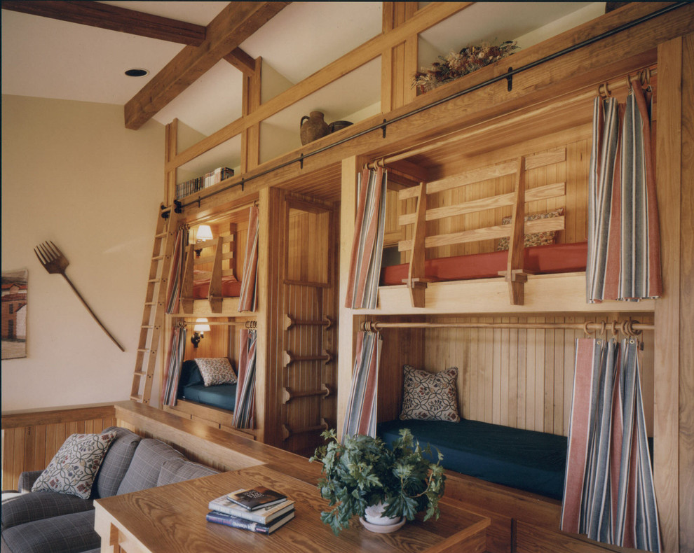 Mid-sized mountain style bedroom photo with white walls