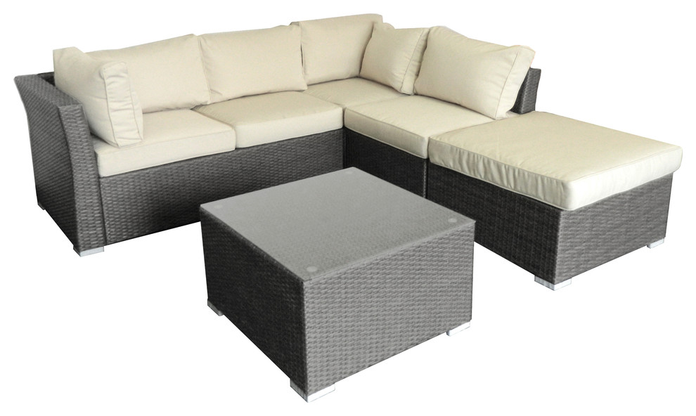 Jicaro 5 Piece Outdoor Wicker Sectional Sofa Set Light Grey Tropical Outdoor Lounge Sets By Thy Hom