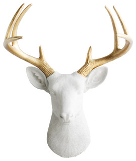 Wall Charmers Mounted Resin Deer Head With Gold Antlers, White