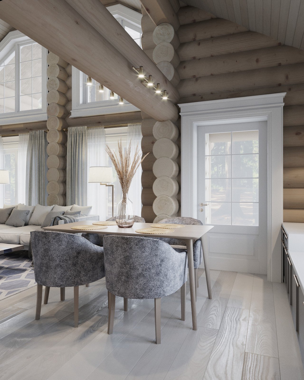 Проект интерьера загородного бревенчатого дома в стиле неоклассика