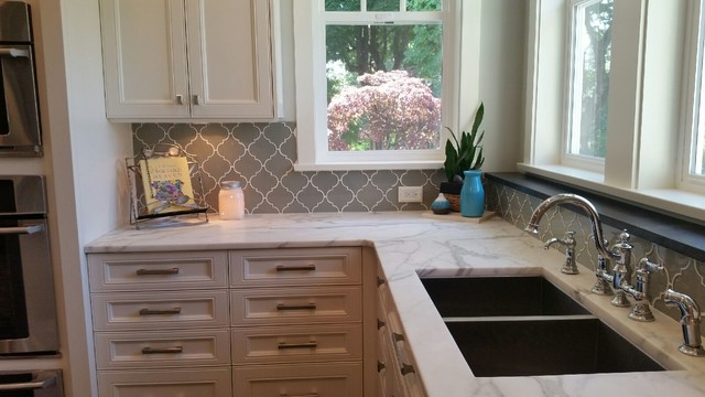 Taupe Arabesque Glass Tile Backsplash - Traditional - Kitchen