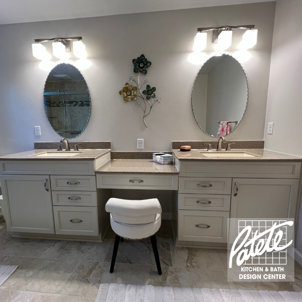 Inspiration for a victorian bathroom in Other with recessed-panel cabinets, beige cabinets, quartz worktops, beige worktops, double sinks and a built in vanity unit.