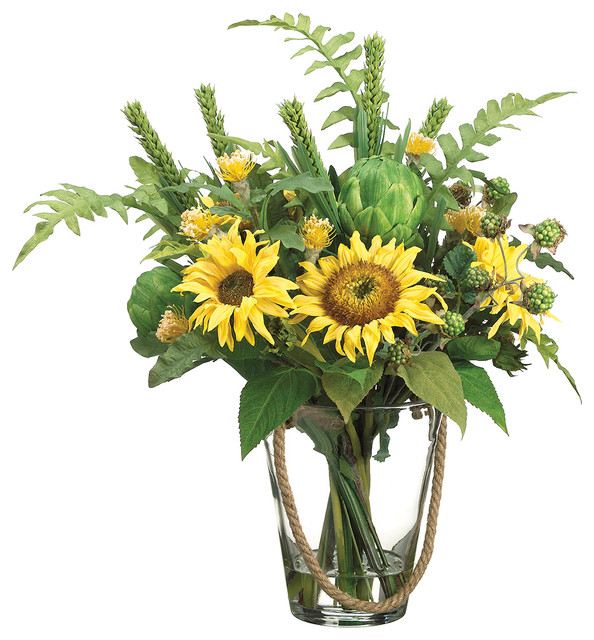 24" Tall Sunflower Fern Artichoke In Glass Vase Farmhouse