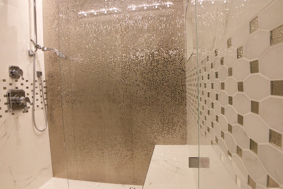 Inspiration for a mid-sized transitional 3/4 gray tile, white tile and mosaic tile marble floor and white floor alcove shower remodel in Orange County with beaded inset cabinets, white cabinets, white walls, a vessel sink, quartz countertops and a hinged shower door