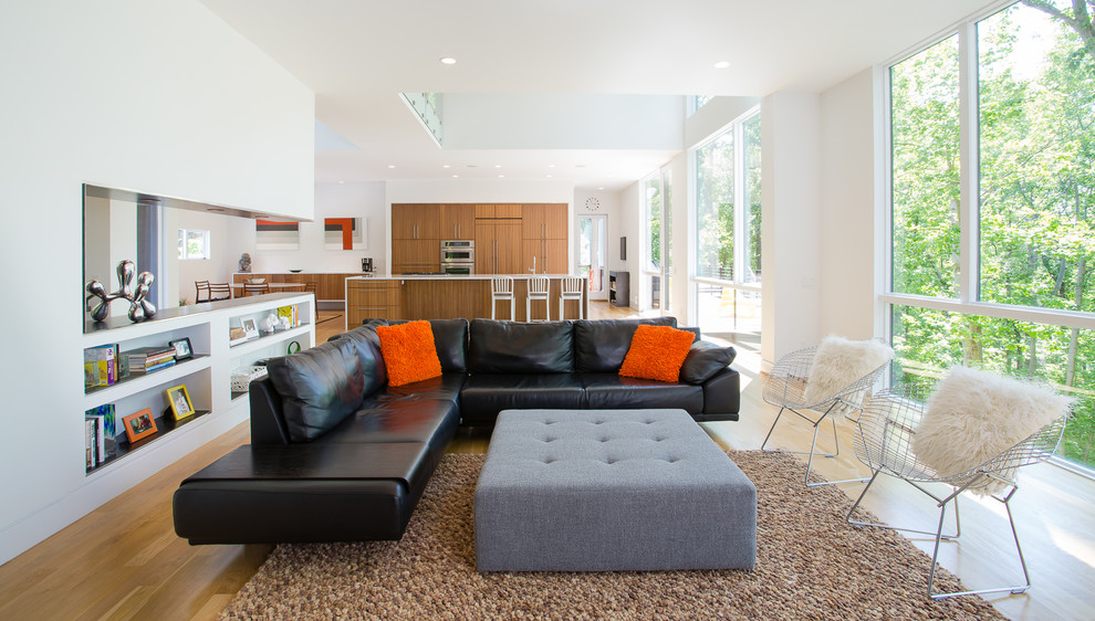 Living room - mid-sized contemporary open concept and formal medium tone wood floor and brown floor living room idea in DC Metro with white walls, no fireplace and no tv