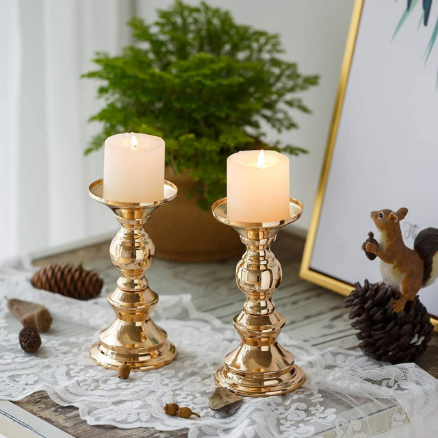 Set of 2 Gold Candlestick Metal Pillar Candle Holders - Modern ...