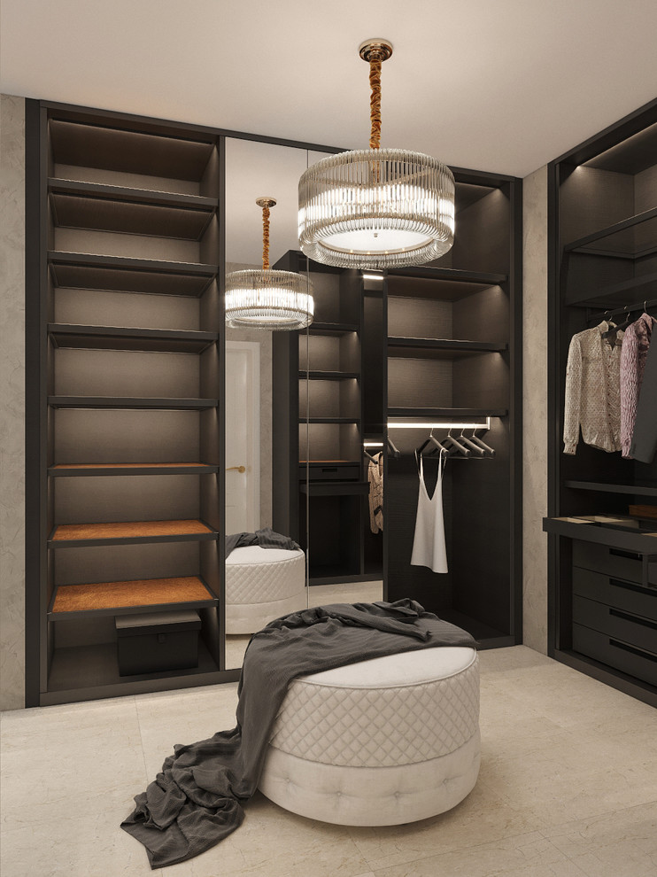 Mid-sized contemporary gender-neutral walk-in wardrobe in Other with open cabinets, dark wood cabinets, ceramic floors and beige floor.
