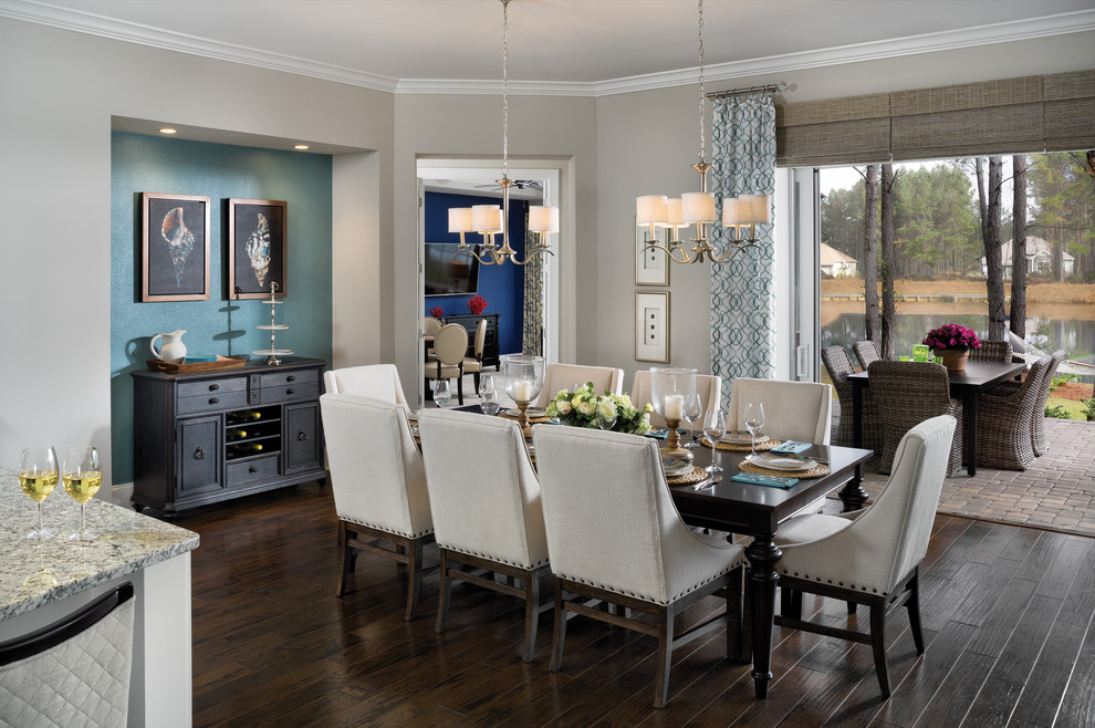 Photo of a large transitional open plan dining in Charleston with grey walls, dark hardwood floors and no fireplace.