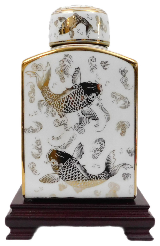 Rectangular Porcelain Tea Jar With White Glaze and Oriental Metallic Goldfish