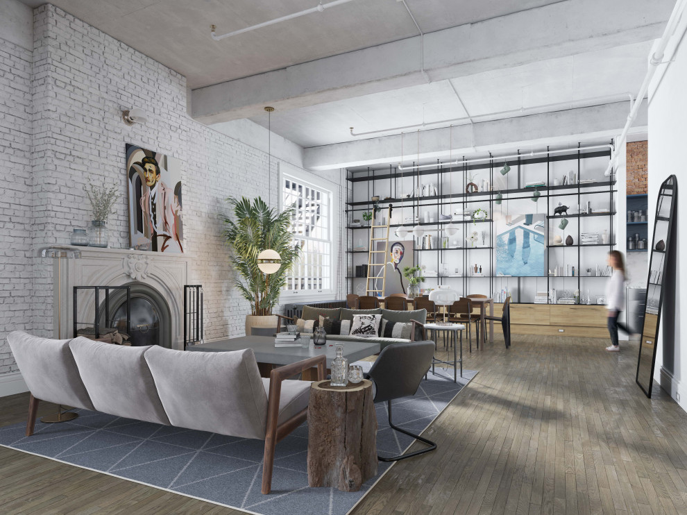 Inspiration for a large scandinavian formal loft-style living room in New York with white walls, medium hardwood floors, a standard fireplace, a stone fireplace surround, no tv, beige floor, exposed beam and brick walls.