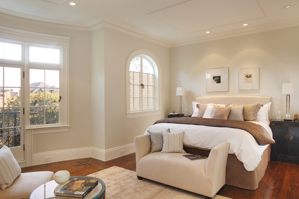 Photo of a contemporary bedroom in San Francisco with grey walls and dark hardwood floors.