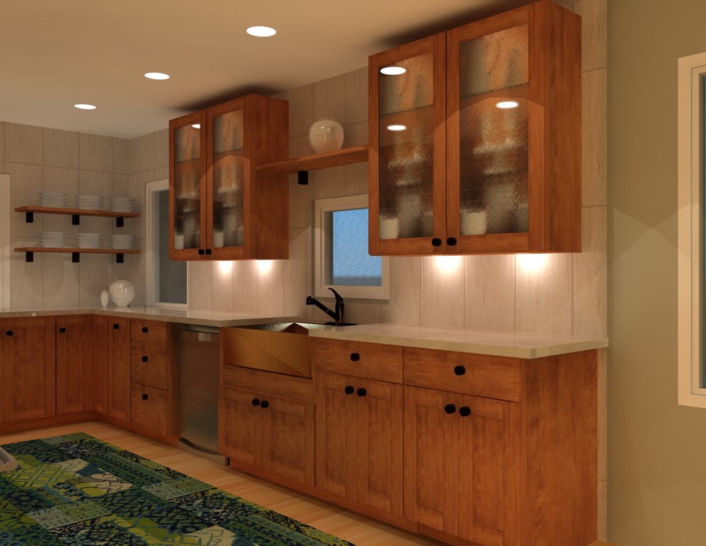 Large transitional galley separate kitchen in Denver with shaker cabinets and light wood cabinets.