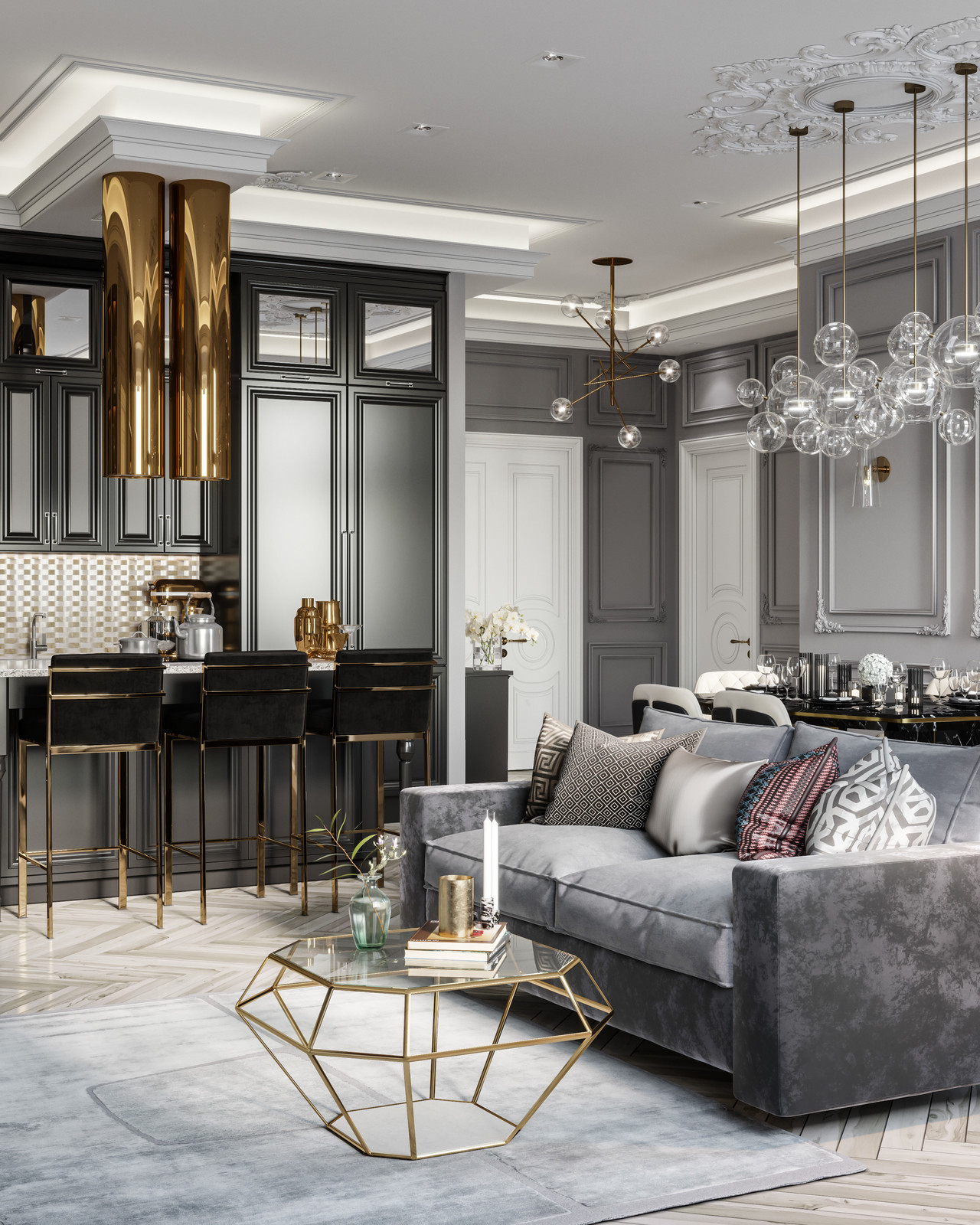 Дизайн проект элитной квартиры в Москве Grey&Gold