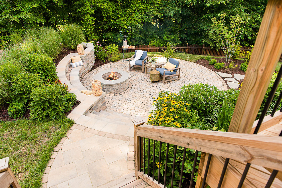 Mid-sized transitional backyard patio in Richmond with a fire feature, concrete pavers and no cover.