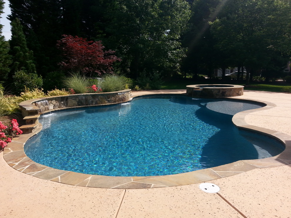 Pool fountain - large transitional backyard stone and custom-shaped lap pool fountain idea in Charlotte