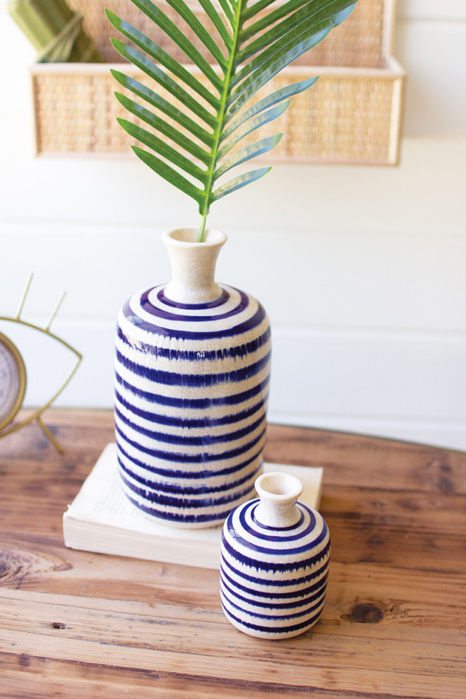 Kalalou Chg2235 Set Of Two Blue And White Striped Ceramic Vases