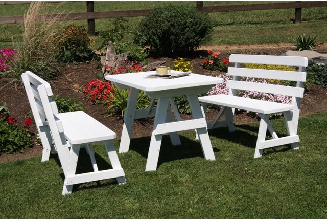 A & L Furniture Yellow Pine Traditional Picnic Table with 2 Backed Benches - 241
