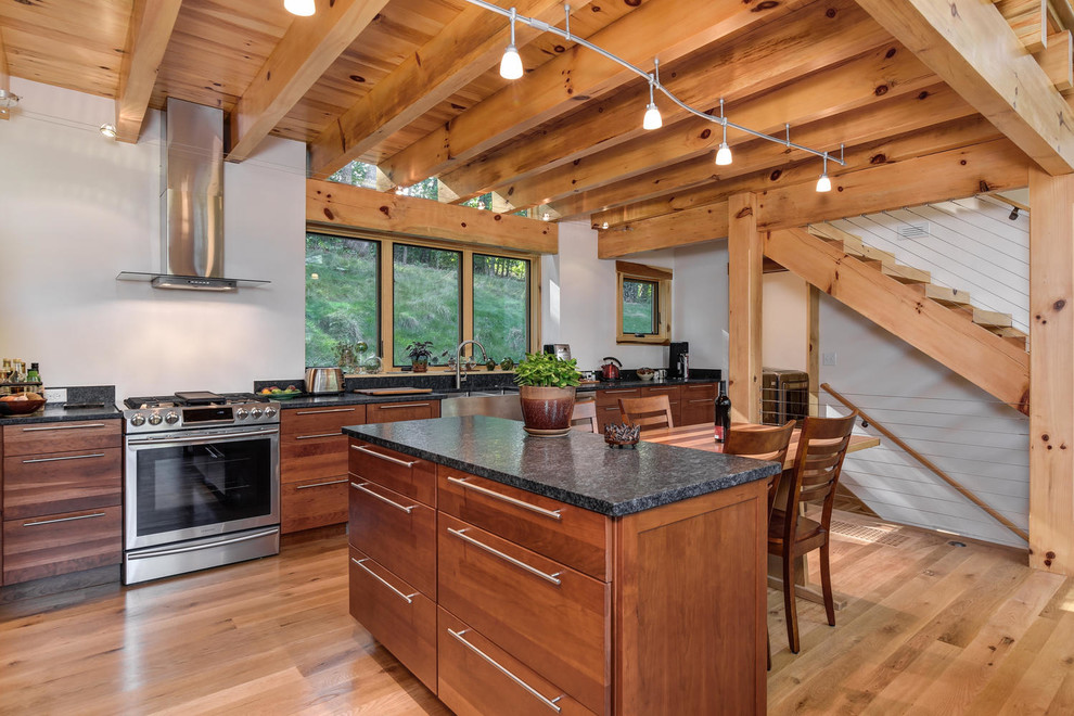 Example of a mountain style light wood floor eat-in kitchen design with a farmhouse sink, flat-panel cabinets, medium tone wood cabinets, stainless steel appliances and an island