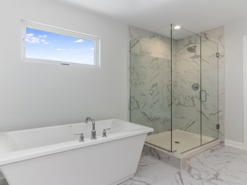 Design ideas for a large contemporary master bathroom in Chicago with a freestanding tub, grey walls, a hinged shower door, white benchtops, a double vanity and a built-in vanity.