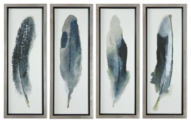 4 Piece Large Tall Black White Feather Wall Art Set Modern Silver