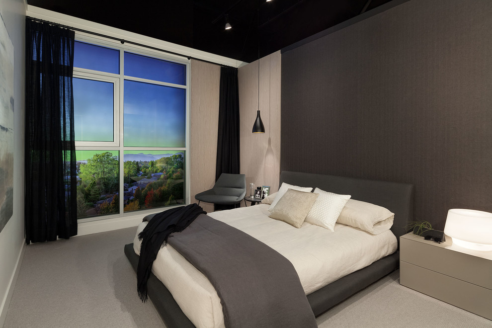 Inspiration for a mid-sized contemporary master bedroom in Vancouver with black walls and carpet.