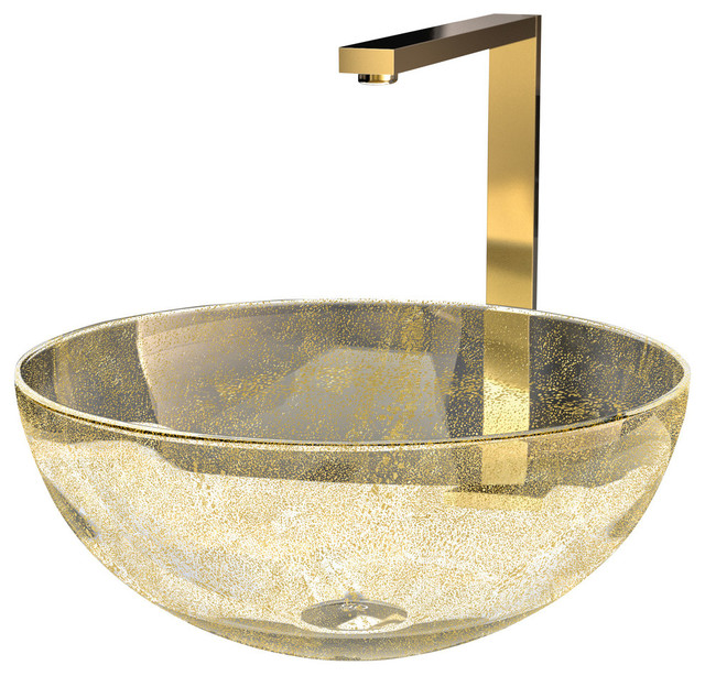 Luxury Gold Scallop Tempered Glass Vessel Sink Basin Bowl with Waterfall Faucet 