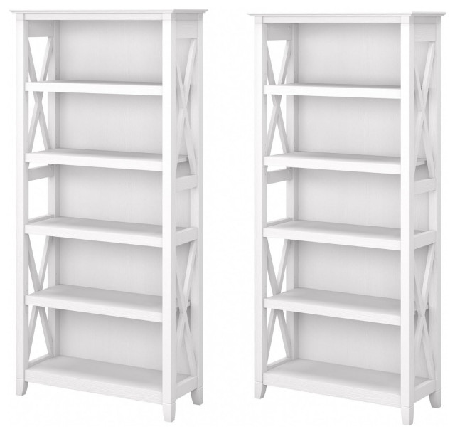 Set of 2 Tall Bookcase, X Shaped Side Panels With 5 Open Shelves, Pure White