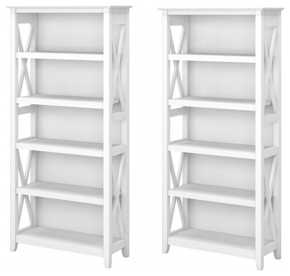 Set of 2 Tall Bookcase, X Shaped Side Panels With 5 Open Shelves, Pure White