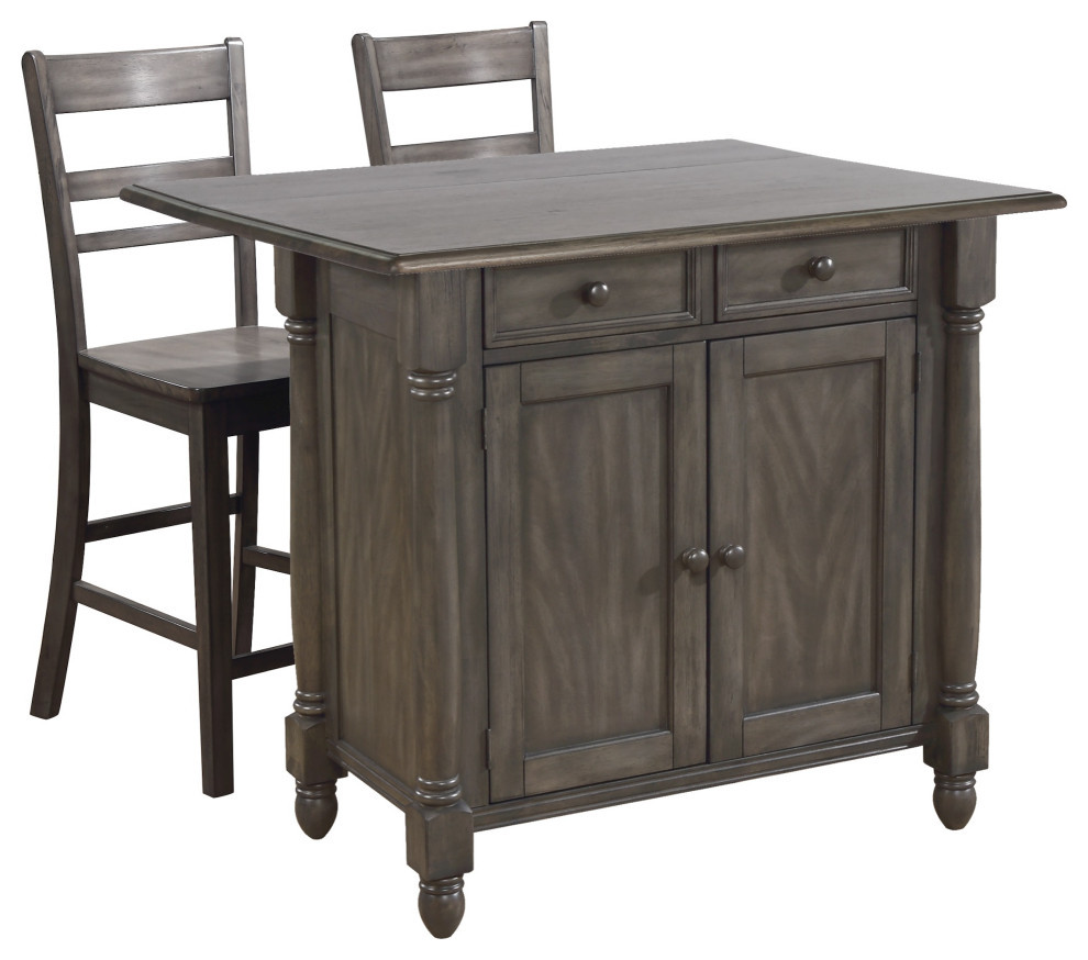 Shades of Gray Expandable Drop Leaf Kitchen Island Set With 2 Stools Traditional Indoor Pub