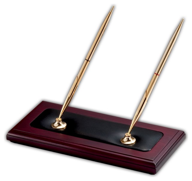 Wood And Leather Double Pen Stand Traditional Desk Accessories Dacasso Wood And Leather Double Pen Stand Rosewood