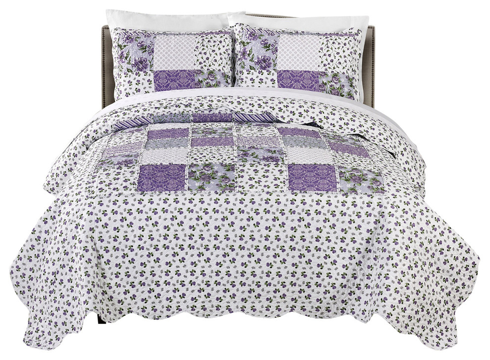 3pc ROESSER QUILT SET King or Queen Patchwork Floral Farmhouse Blue Reversible