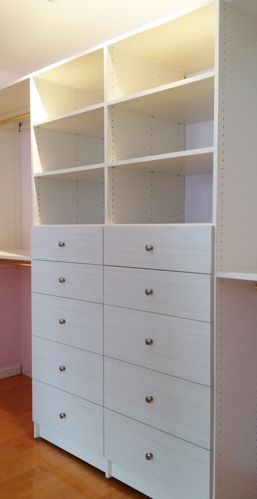 Inspiration for a large modern gender-neutral walk-in wardrobe in New York with flat-panel cabinets, light wood cabinets and medium hardwood floors.