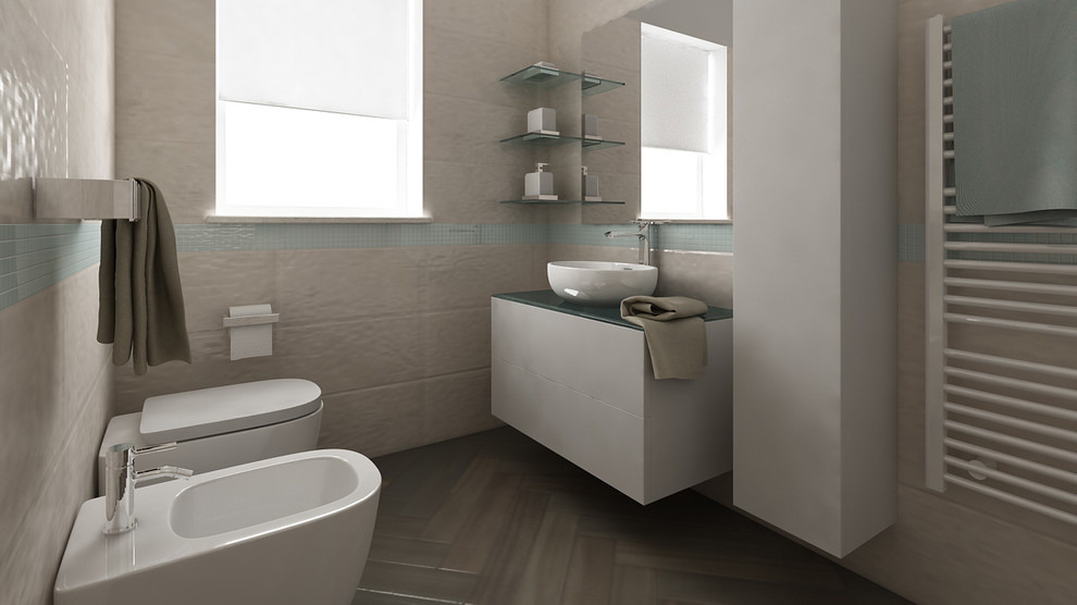 Inspiration for a small modern powder room in Other with flat-panel cabinets, white cabinets, a two-piece toilet, beige tile, porcelain tile, white walls, porcelain floors, a vessel sink, glass benchtops, brown floor and turquoise benchtops.