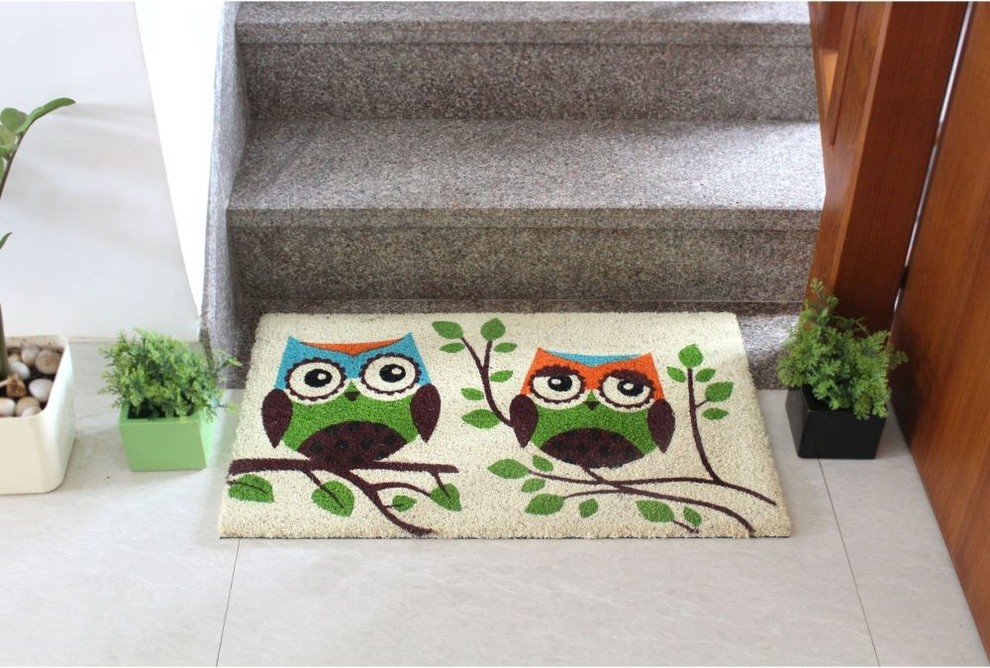 OffWhite Machine Tufted Two Owls Coir Doormat, 18"x30", 18"x30