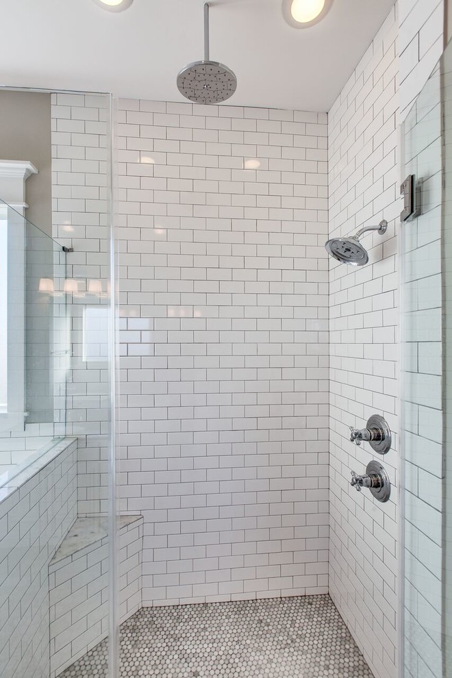 Design ideas for a large traditional master bathroom in Houston with a claw-foot tub, a corner shower, marble floors, white tile, subway tile, an undermount sink, white cabinets, recessed-panel cabinets, granite benchtops, a two-piece toilet, grey walls, grey floor and a hinged shower door.