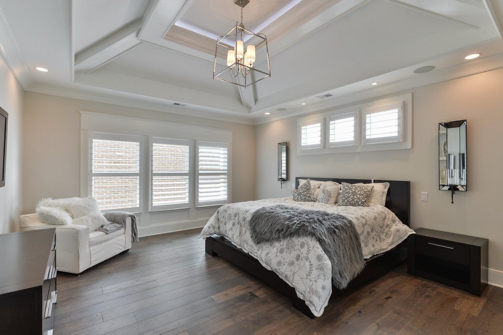 Design ideas for a large transitional master bedroom in Louisville with white walls, dark hardwood floors and no fireplace.