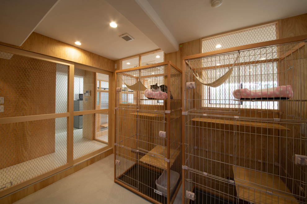 Mittelgroßes, Offenes Skandinavisches Wohnzimmer mit weißer Wandfarbe, Teppichboden, beigem Boden, Holzdielendecke und Holzdielenwänden in Yokohama