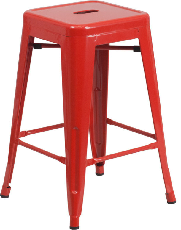 24" High Backless Red Metal Indoor-Outdoor Counter H Stool